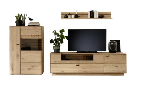 Wohnkombination 3 Girona | Ast / Balkeneiche | 3-teilig | mit Beleuchtung für Highboard & Wandboard
