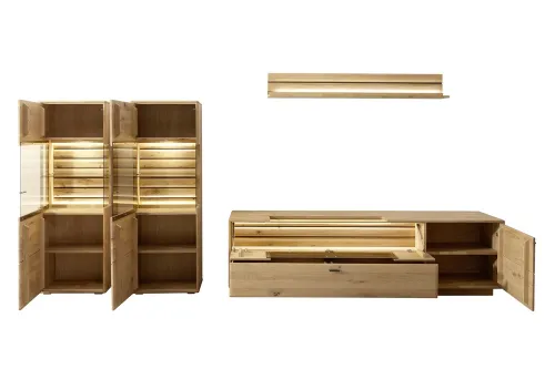 Wohnkombination 4 Girona | Ast / Balkeneiche | 3-teilig | Beleuchtung Highboard & TV-Board