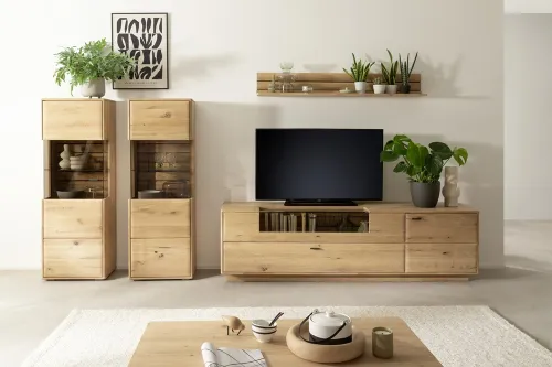 Wohnkombination 4 Girona | Ast / Balkeneiche | 3-teilig | Beleuchtung Highboard & Wandboard