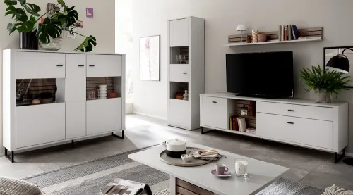 Wohnkombination 4 Louisiana | Modern White | 3-teilig | Vitrine & Wandboard mit Beleuchtung