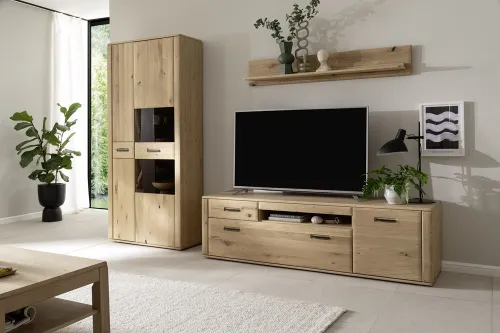 Wohnkombination Alento 2 | Asteiche / Balkeneiche | 3-teilig | Beleuchtung Wandboard