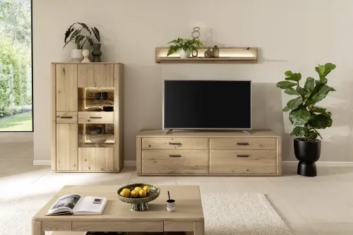 Wohnkombination Alento 3 | Asteiche / Balkeneiche | 3-teilig | Beleuchtung Highboard