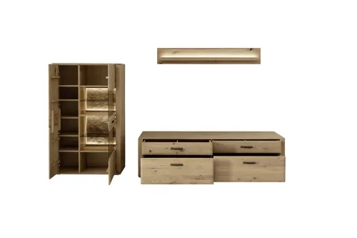 Wohnkombination Alento 3 | Asteiche / Balkeneiche | 3-teilig | Beleuchtung Highboard