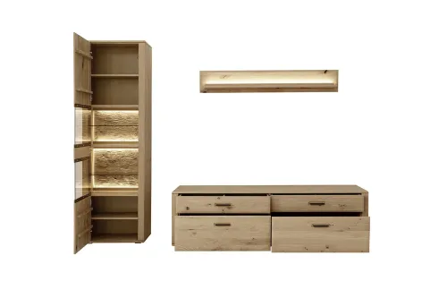 Wohnkombination Alento | Asteiche / Balkeneiche | 3-teilig | Beleuchtung Vitrine
