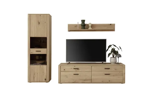Wohnkombination Alento | Asteiche / Balkeneiche | 3-teilig | Beleuchtung Vitrine