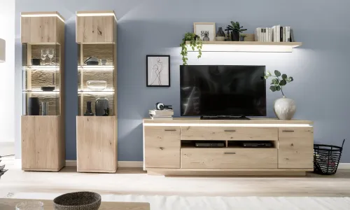 Wohnkombination Barcelona 2 | Balkeneiche Bianco / Eiche Bianco | 4-teilig | inkl. LED Beleuchtung