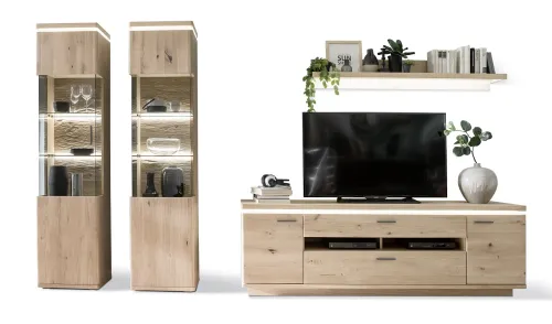 Wohnkombination Barcelona 2 | Balkeneiche Bianco / Eiche Bianco | 4-teilig | inkl. LED Beleuchtung