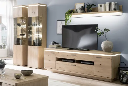 Wohnkombination Barcelona 2 | Balkeneiche Bianco / Eiche Bianco | 4-teilig | inkl. LED Beleuchtung