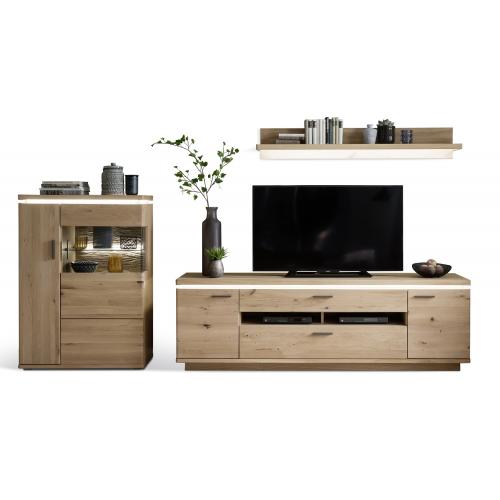 Wohnkombination Barcelona 3 | Balkeneiche Bianco / Eiche Bianco | 3-teilig | inkl. LED Beleuchtung