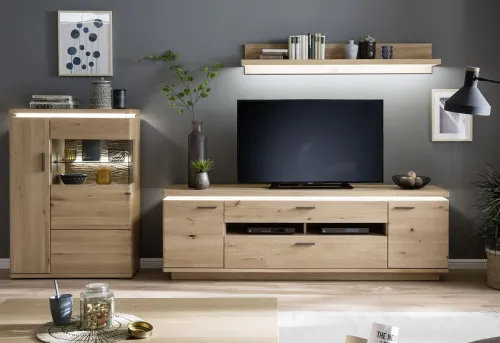 Wohnkombination Barcelona 3 | Balkeneiche Bianco / Eiche Bianco | 3-teilig | inkl. LED Beleuchtung Wandboard ohne Beleuchtung Highboard ohne Beleuchtung