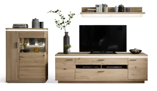 Wohnkombination Barcelona 3 | Balkeneiche Bianco / Eiche Bianco | 3-teilig | inkl. LED Beleuchtung Wandboard ohne Beleuchtung Highboard ohne Beleuchtung