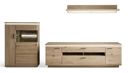 Wohnkombination Barcelona 3 | Balkeneiche Bianco / Eiche Bianco | 3-teilig | inkl. LED Beleuchtung Wandboard ohne Beleuchtung Highboard ohne Beleuchtung