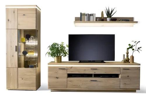 Wohnkombination Barcelona | Balkeneiche Bianco / Eiche Bianco | 3-teilig | inkl. LED Beleuchtung