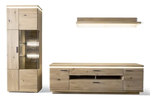 Wohnkombination Barcelona | Balkeneiche Bianco / Eiche Bianco | 3-teilig | inkl. LED Beleuchtung