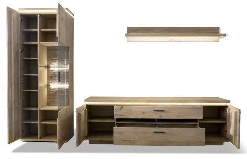 Wohnkombination Barcelona | Balkeneiche Bianco / Eiche Bianco | 3-teilig | inkl. LED Beleuchtung