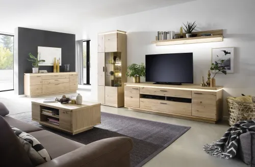 Wohnkombination Barcelona | Balkeneiche Bianco / Eiche Bianco | 3-teilig | inkl. LED Beleuchtung