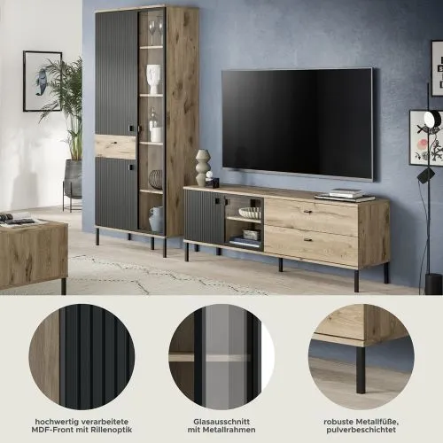 Wohnkombination Chess | 2-teilig | Nox Oak / schwarz Komplettset