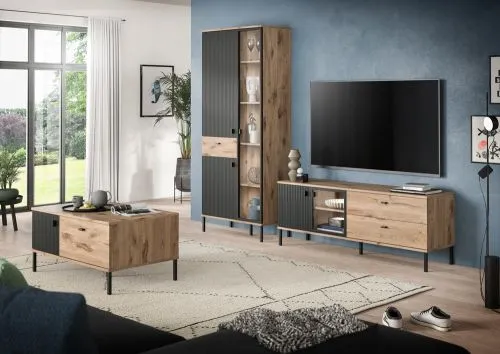 Wohnkombination Chess | 2-teilig | Nox Oak / schwarz mit LED Beleuchtung