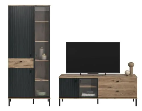 Wohnkombination Chess | 2-teilig | Nox Oak / schwarz mit LED Beleuchtung