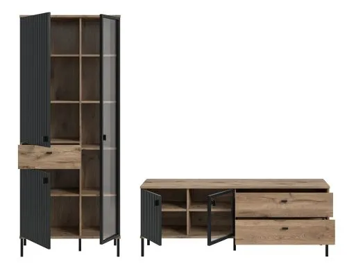 Wohnkombination Chess | 2-teilig | Nox Oak / schwarz mit LED Beleuchtung