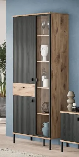 Wohnkombination Chess | 2-teilig | Nox Oak / schwarz mit LED Beleuchtung