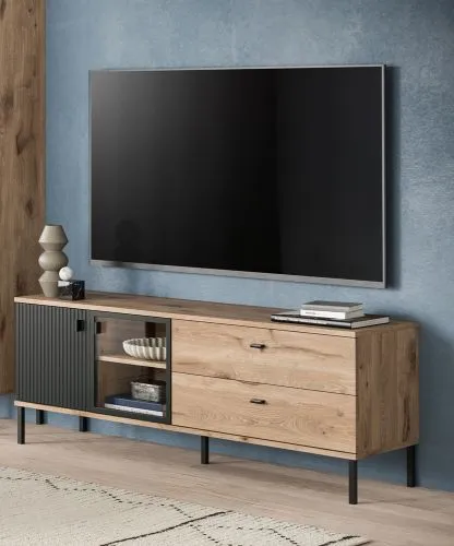 Wohnkombination Chess | 2-teilig | Nox Oak / schwarz mit LED Beleuchtung