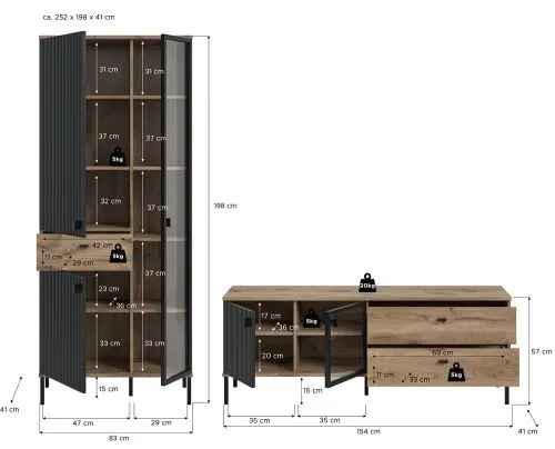 Wohnkombination Chess | 2-teilig | Nox Oak / schwarz ohne Beleuchtung