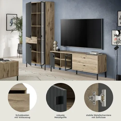 Wohnkombination Chess | 2-teilig | Nox Oak / schwarz ohne Beleuchtung