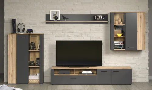 Wohnkombination Esteban | Anthrazit / Coast Evoke Oak | 4-teilig 3er Set LED Unterbauspot