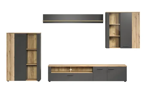 Wohnkombination Esteban | Anthrazit / Coast Evoke Oak | 4-teilig ohne Beleuchtung
