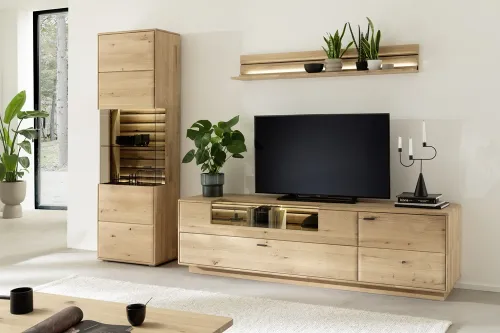 Wohnkombination Girona | Ast / Balkeneiche | 3-teilig | mit Beleuchtung für Vitrine & Wandboard