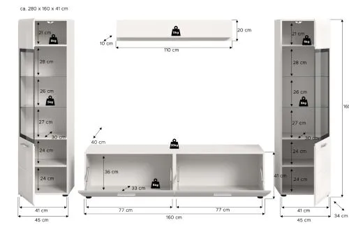 Wohnkombination Ice 3, 4-teilig, weiß, schwarz, im Wohnzimmer, mit offenen Fachböden und geschlossenen Schubkästen – Ansicht 6