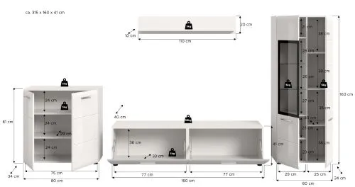 Wohnkombination Ice | 4-teilig | weiß / schwarz