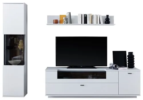 Wohnkombination Lissabon | Modern White | 3-teilig | Vitrine Bandbeleuchtung