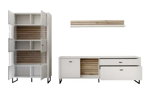 Wohnkombination Louisiana 2 | Modern White | 3-teilig | Kombi-Vitrine & Wandboard mit Beleuchtung