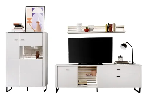 Wohnkombination Louisiana 3 | Modern White | 3-teilig | Beleuchtung Komplettset