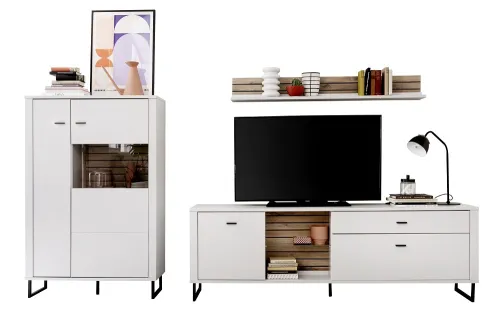 Wohnkombination Louisiana 3 | Modern White | 3-teilig | Highboard & TV-Board mit Beleuchtung