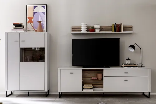 Wohnkombination Louisiana 3 | Modern White | 3-teilig | TV-Board & Wandboard mit Beleuchtung