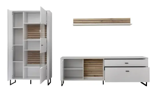 Wohnkombination Louisiana | Modern White | 3-teilig | Kombi-Vitrine mit Bandbeleuchtung