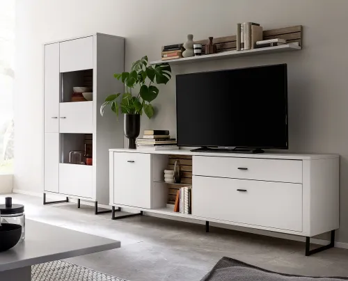 Wohnkombination Louisiana | Modern White | 3-teilig | TV-Board & Wandboard mit Beleuchtung