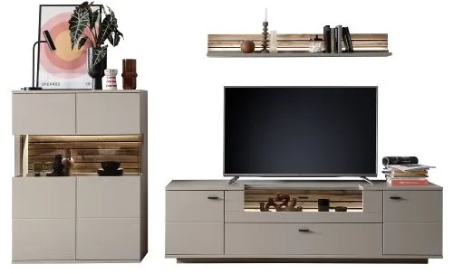 Wohnkombination Lüttich 2 | Basalt / Wotan Eiche | 3-teilig | Beleuchtung Komplettset