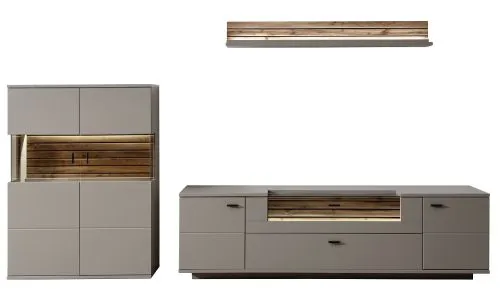 Wohnkombination Lüttich 2 | Basalt / Wotan Eiche | 3-teilig | Beleuchtung Komplettset