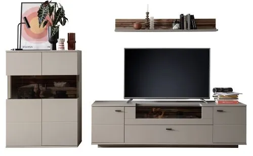 Wohnkombination Lüttich 2 | Basalt / Wotan Eiche | 3-teilig | Highboard & Wandboard mit Bandbeleuchtung