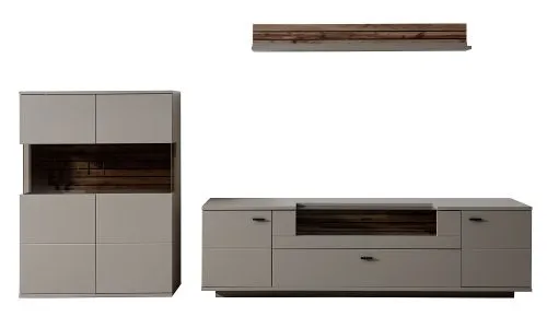 Wohnkombination Lüttich 2 | Basalt / Wotan Eiche | 3-teilig | Highboard & Wandboard mit Bandbeleuchtung