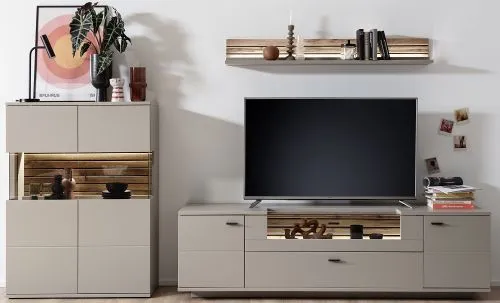 Wohnkombination Lüttich 2 | Basalt / Wotan Eiche | 3-teilig | optional LED Beleuchtung