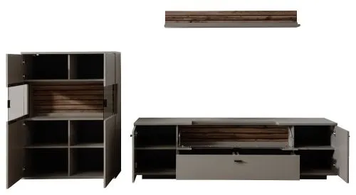 Wohnkombination Lüttich 2 | Basalt / Wotan Eiche | 3-teilig | optional LED Beleuchtung