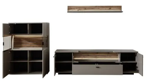 Wohnkombination Lüttich 2 | Basalt / Wotan Eiche | 3-teilig | optional LED Beleuchtung