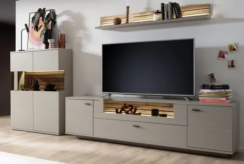 Wohnkombination Lüttich 2 | Basalt / Wotan Eiche | 3-teilig | optional LED Beleuchtung