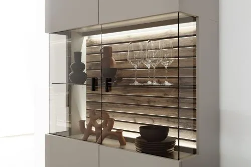 Wohnkombination Lüttich 3 | Basalt / Wotan Eiche | 3-teilig | Kombi-Vitrine & TV-Board mit Bandbeleuchtung