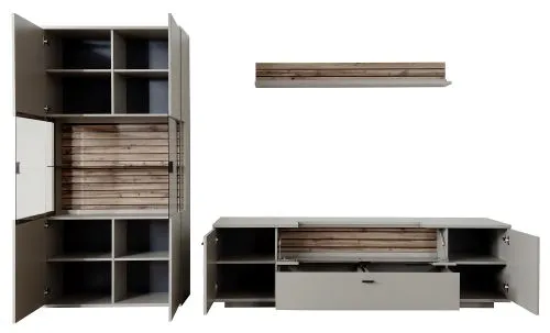 Wohnkombination Lüttich 3 | Basalt / Wotan Eiche | 3-teilig | Kombi-Vitrine & Wandboard mit Bandbeleuchtung